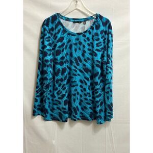 NWT IMAN Womens Blue Animal Print Long Sleeve Crew Neck Top XL